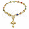Oro Laminado Bracelet Rosary, Gold Filled Style Caridad del Cobre and Crucifix Design, with Multicolor Crystal, Polished, Golden Finish, 09.326.0004.07