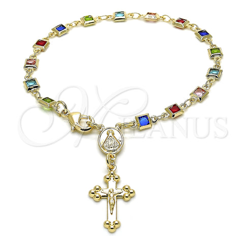 Oro Laminado Bracelet Rosary, Gold Filled Style Caridad del Cobre and Crucifix Design, with Multicolor Crystal, Polished, Golden Finish, 09.326.0004.07