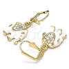 Oro Laminado Dangle Earring, Gold Filled Style Elephant Design, with White Crystal, White Enamel Finish, Golden Finish, 02.351.0058