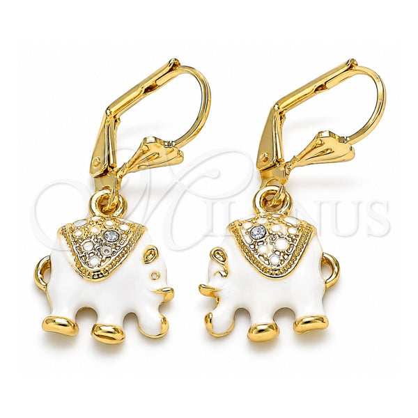 Oro Laminado Dangle Earring, Gold Filled Style Elephant Design, with White Crystal, White Enamel Finish, Golden Finish, 02.351.0058