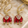 Oro Laminado Dangle Earring, Gold Filled Style Elephant Design, with White Crystal, Red Enamel Finish, Golden Finish, 02.351.0058.1