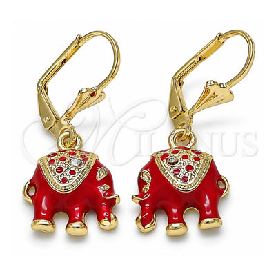 Oro Laminado Dangle Earring, Gold Filled Style Elephant Design, with White Crystal, Red Enamel Finish, Golden Finish, 02.351.0058.1