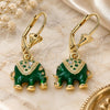 Oro Laminado Dangle Earring, Gold Filled Style Elephant Design, with White Crystal, Green Enamel Finish, Golden Finish, 02.351.0058.3