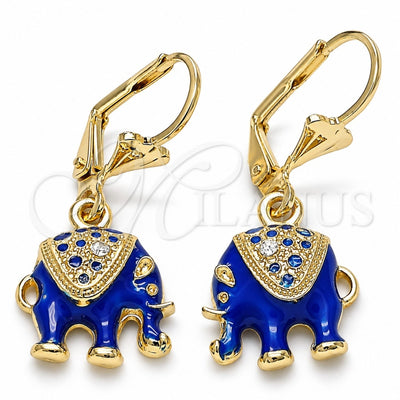 Oro Laminado Dangle Earring, Gold Filled Style Elephant Design, with White Crystal, Blue Enamel Finish, Golden Finish, 02.351.0058.4