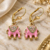 Oro Laminado Dangle Earring, Gold Filled Style Elephant Design, with White Crystal, Pink Enamel Finish, Golden Finish, 02.351.0058.5