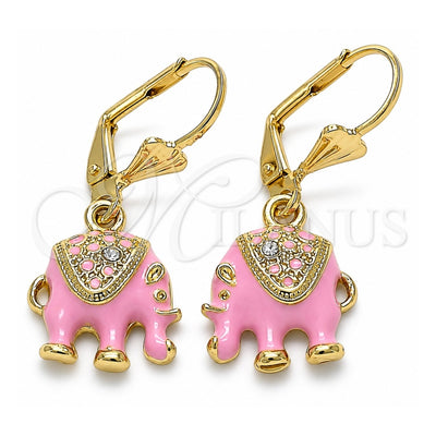 Oro Laminado Dangle Earring, Gold Filled Style Elephant Design, with White Crystal, Pink Enamel Finish, Golden Finish, 02.351.0058.5