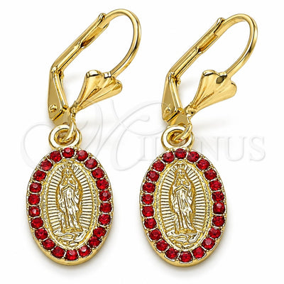 Oro Laminado Dangle Earring, Gold Filled Style Guadalupe Design, with Garnet Crystal, Polished, Golden Finish, 02.351.0013.2