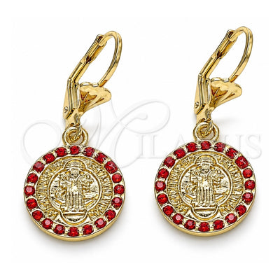 Oro Laminado Dangle Earring, Gold Filled Style San Benito Design, with Garnet Crystal, Polished, Golden Finish, 02.351.0020.2