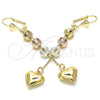 Oro Laminado Long Earring, Gold Filled Style Heart Design, Polished, Tricolor, 02.351.0062