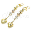 Oro Laminado Long Earring, Gold Filled Style Heart Design, Polished, Tricolor, 02.351.0062