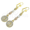 Oro Laminado Long Earring, Gold Filled Style Guadalupe Design, with White Crystal, Diamond Cutting Finish, Golden Finish, 02.351.0028.1