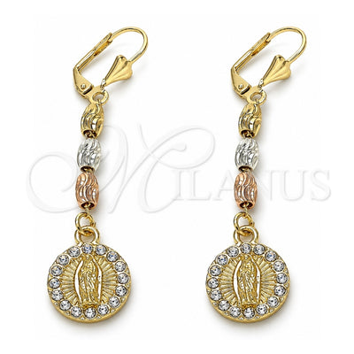 Oro Laminado Long Earring, Gold Filled Style Guadalupe Design, with White Crystal, Diamond Cutting Finish, Golden Finish, 02.351.0028.1