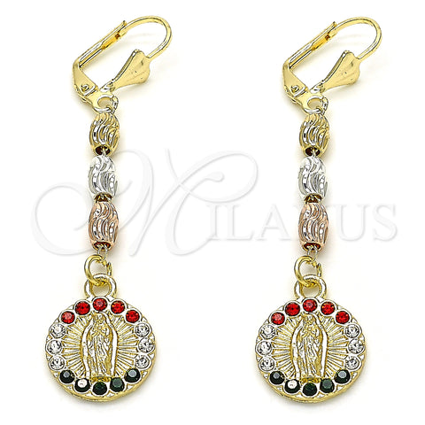 Oro Laminado Long Earring, Gold Filled Style Guadalupe Design, with Multicolor Crystal, Diamond Cutting Finish, Tricolor, 02.351.0028.2