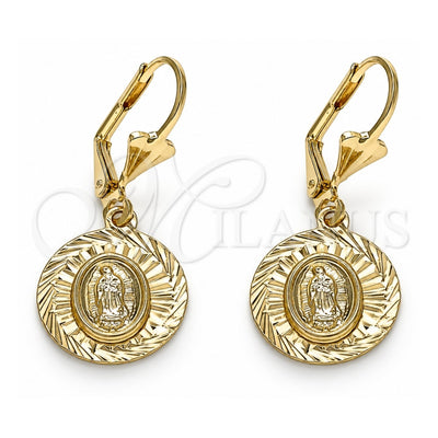 Oro Laminado Dangle Earring, Gold Filled Style Guadalupe Design, Diamond Cutting Finish, Golden Finish, 02.351.0065