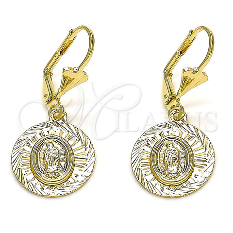 Oro Laminado Dangle Earring, Gold Filled Style Guadalupe Design, Diamond Cutting Finish, Golden Finish, 02.351.0065
