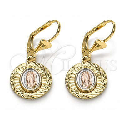 Oro Laminado Dangle Earring, Gold Filled Style Guadalupe Design, Diamond Cutting Finish, Tricolor, 02.351.0065.1