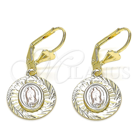 Oro Laminado Dangle Earring, Gold Filled Style Guadalupe Design, Diamond Cutting Finish, Tricolor, 02.351.0065.1