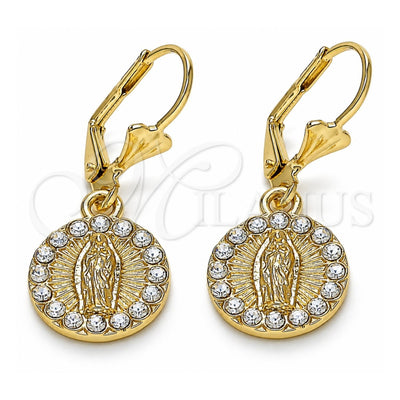 Oro Laminado Dangle Earring, Gold Filled Style Guadalupe Design, with White Crystal, Polished, Golden Finish, 02.351.0029.1