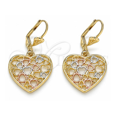 Oro Laminado Dangle Earring, Gold Filled Style Heart Design, Polished, Tricolor, 02.351.0069