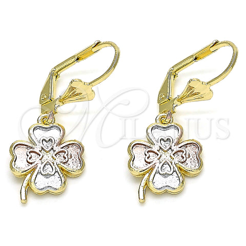 Oro Laminado Dangle Earring, Gold Filled Style Four-leaf Clover Design, Polished, Tricolor, 02.351.0074