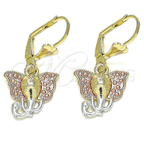 Oro Laminado Dangle Earring, Gold Filled Style Elephant Design, Polished, Tricolor, 02.351.0077