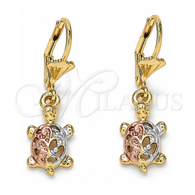 Oro Laminado Dangle Earring, Gold Filled Style Turtle Design, Polished, Tricolor, 02.351.0078