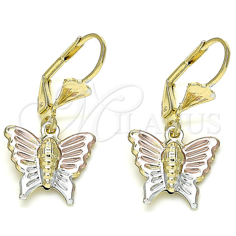 Oro Laminado Dangle Earring, Gold Filled Style Butterfly Design, Polished, Tricolor, 02.351.0082