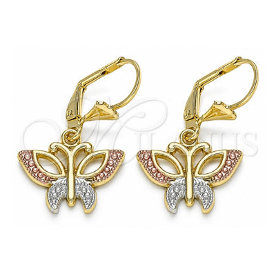 Oro Laminado Dangle Earring, Gold Filled Style Butterfly Design, Polished, Tricolor, 02.351.0083