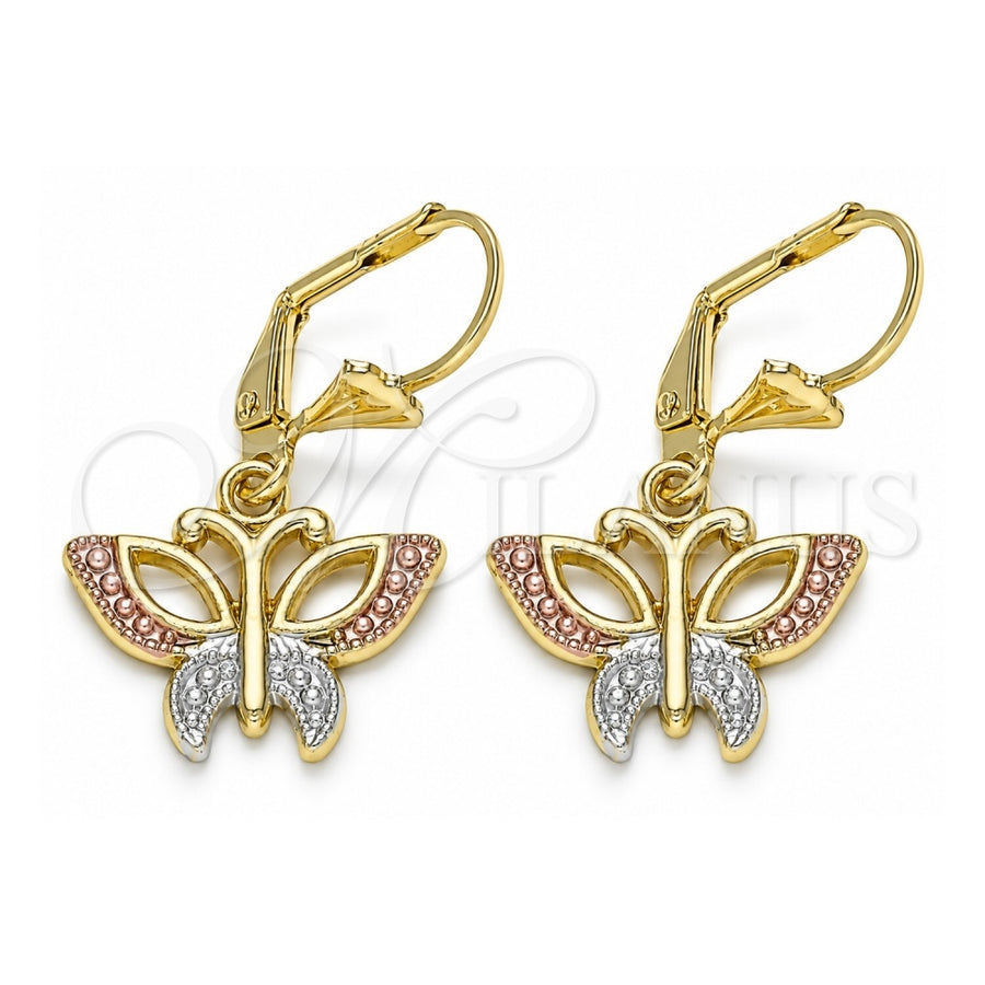 Oro Laminado Dangle Earring, Gold Filled Style Butterfly Design, Polished, Tricolor, 02.351.0083