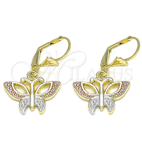 Oro Laminado Dangle Earring, Gold Filled Style Butterfly Design, Polished, Tricolor, 02.351.0083