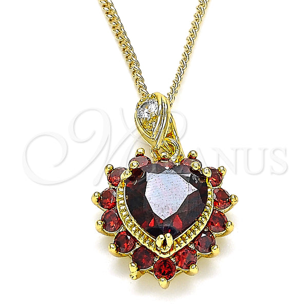 Oro Laminado Pendant Necklace, Gold Filled Style Heart Design, with Garnet and White Cubic Zirconia, Polished, Golden Finish, 04.346.0017.20 (02 MM Thickness, 20 Inches Length)
