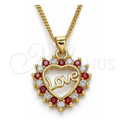 Oro Laminado Pendant Necklace, Gold Filled Style Heart and Love Design, with Garnet and White Cubic Zirconia, Polished, Golden Finish, 04.156.0047.1.20 (02 MM Thickness, 20 Inches Length)