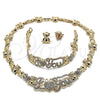 Oro Laminado Necklace, Bracelet and Earring, Gold Filled Style Hugs and Kisses and Teddy Bear Design, with White Crystal, Polished, Golden Finish, 06.372.0002
