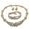 Oro Laminado Necklace, Bracelet and Earring, Gold Filled Style Hugs and Kisses and Teddy Bear Design, with White Crystal, Polished, Golden Finish, 06.372.0002
