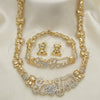 Oro Laminado Necklace, Bracelet and Earring, Gold Filled Style Hugs and Kisses and Teddy Bear Design, with White Crystal, Polished, Golden Finish, 06.372.0002