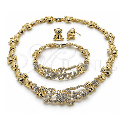 Oro Laminado Necklace, Bracelet and Earring, Gold Filled Style Hugs and Kisses and Teddy Bear Design, with White Crystal, Polished, Golden Finish, 06.372.0002