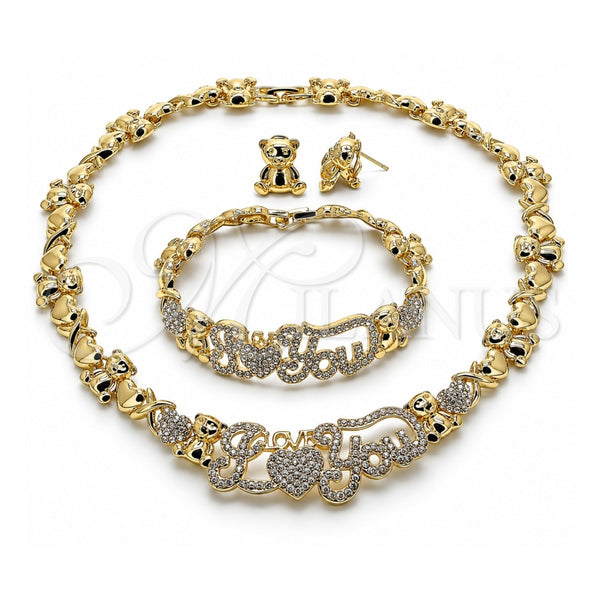 Oro Laminado Necklace, Bracelet and Earring, Gold Filled Style Hugs and Kisses and Teddy Bear Design, with White Crystal, Polished, Golden Finish, 06.372.0002