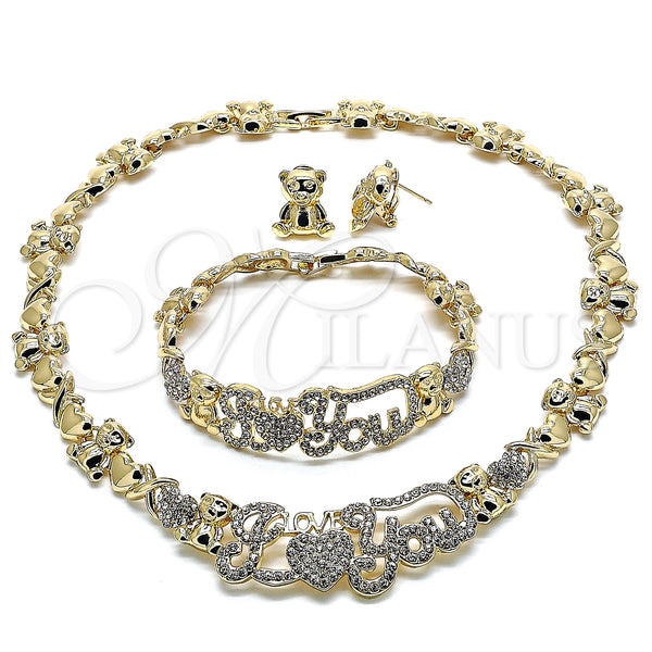 Oro Laminado Necklace, Bracelet and Earring, Gold Filled Style Hugs and Kisses and Teddy Bear Design, with White Crystal, Polished, Golden Finish, 06.372.0002