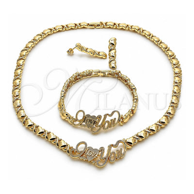 Oro Laminado Necklace, Bracelet and Earring, Gold Filled Style Hugs and Kisses and Love Design, Polished, Golden Finish, 06.372.0003