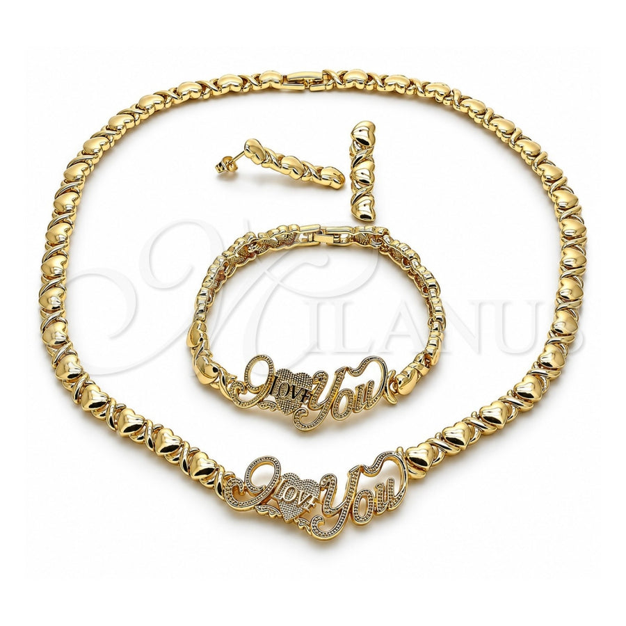 Oro Laminado Necklace, Bracelet and Earring, Gold Filled Style Hugs and Kisses and Love Design, Polished, Golden Finish, 06.372.0003