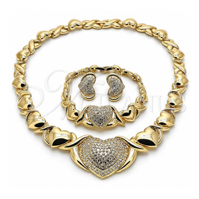 Oro Laminado Necklace, Bracelet and Earring, Gold Filled Style Heart and Hugs and Kisses Design, with White Crystal, Polished, Golden Finish, 06.372.0004