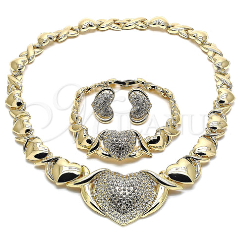 Oro Laminado Necklace, Bracelet and Earring, Gold Filled Style Heart and Hugs and Kisses Design, with White Crystal, Polished, Golden Finish, 06.372.0004