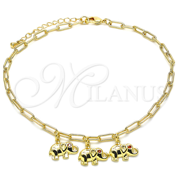 Gold Filled Anklet — Charm Anklet Elephant and Paperclip Design with Garnet — main product view — SKU 132490 | Oro Laminado tobillera — Charm Anklet Elephant and Paperclip diseño with Garnet — SKU 132490