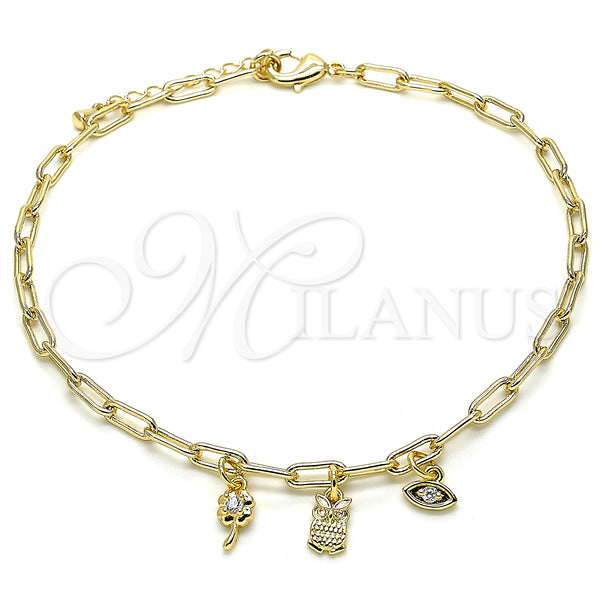 Gold Filled Anklet — Charm Anklet Owl and Paperclip Design with White — main product view — SKU 132498 | Oro Laminado tobillera — Charm Anklet Owl and Paperclip diseño with blanco — SKU 132498