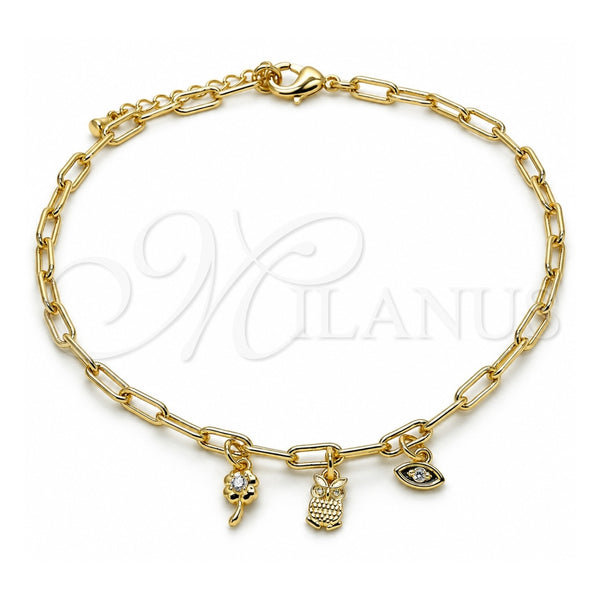 Oro Laminado Charm Anklet , Gold Filled Style Owl and Paperclip Design, with White Cubic Zirconia, Polished, Golden Finish, 03.63.2169.10 (04 MM Thickness, 10 Inches Length)