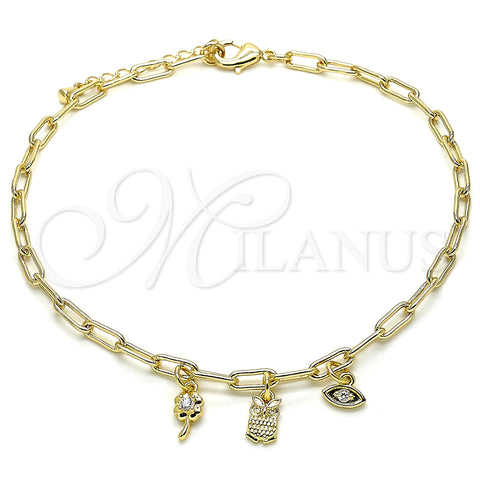 Oro Laminado Charm Anklet , Gold Filled Style Owl and Paperclip Design, with White Cubic Zirconia, Polished, Golden Finish, 03.63.2169.10 (04 MM Thickness, 10 Inches Length)