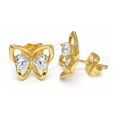Oro Laminado Stud Earring, Gold Filled Style Butterfly and Heart Design, with White Cubic Zirconia, Polished, Golden Finish, 02.26.0283