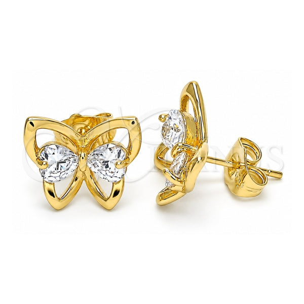 Oro Laminado Stud Earring, Gold Filled Style Butterfly and Heart Design, with White Cubic Zirconia, Polished, Golden Finish, 02.26.0283