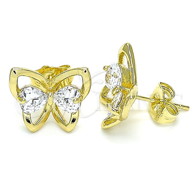 Oro Laminado Stud Earring, Gold Filled Style Butterfly and Heart Design, with White Cubic Zirconia, Polished for wholesale, main product view