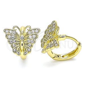 Gold Filled Hoop Earrings — Huggie Hoop Butterfly Design with White Micro Pave — main product view — SKU 132530 | Oro Laminado aretes de aro — Huggie Hoop Butterfly diseño with blanco Micro Pave — SKU 132530